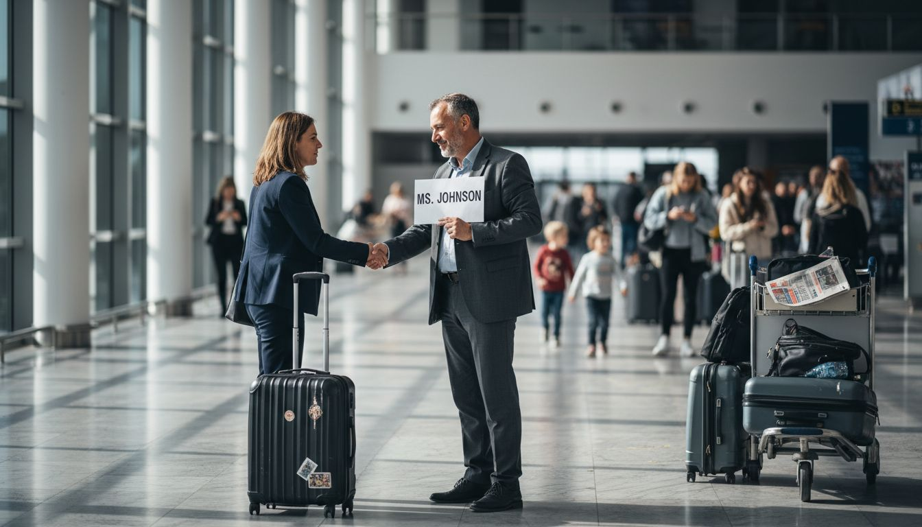 Traveler meeting driver at airport arrival area
