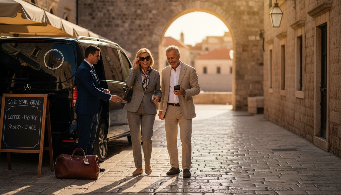 Couple exiting luxury van in Dubrovnik