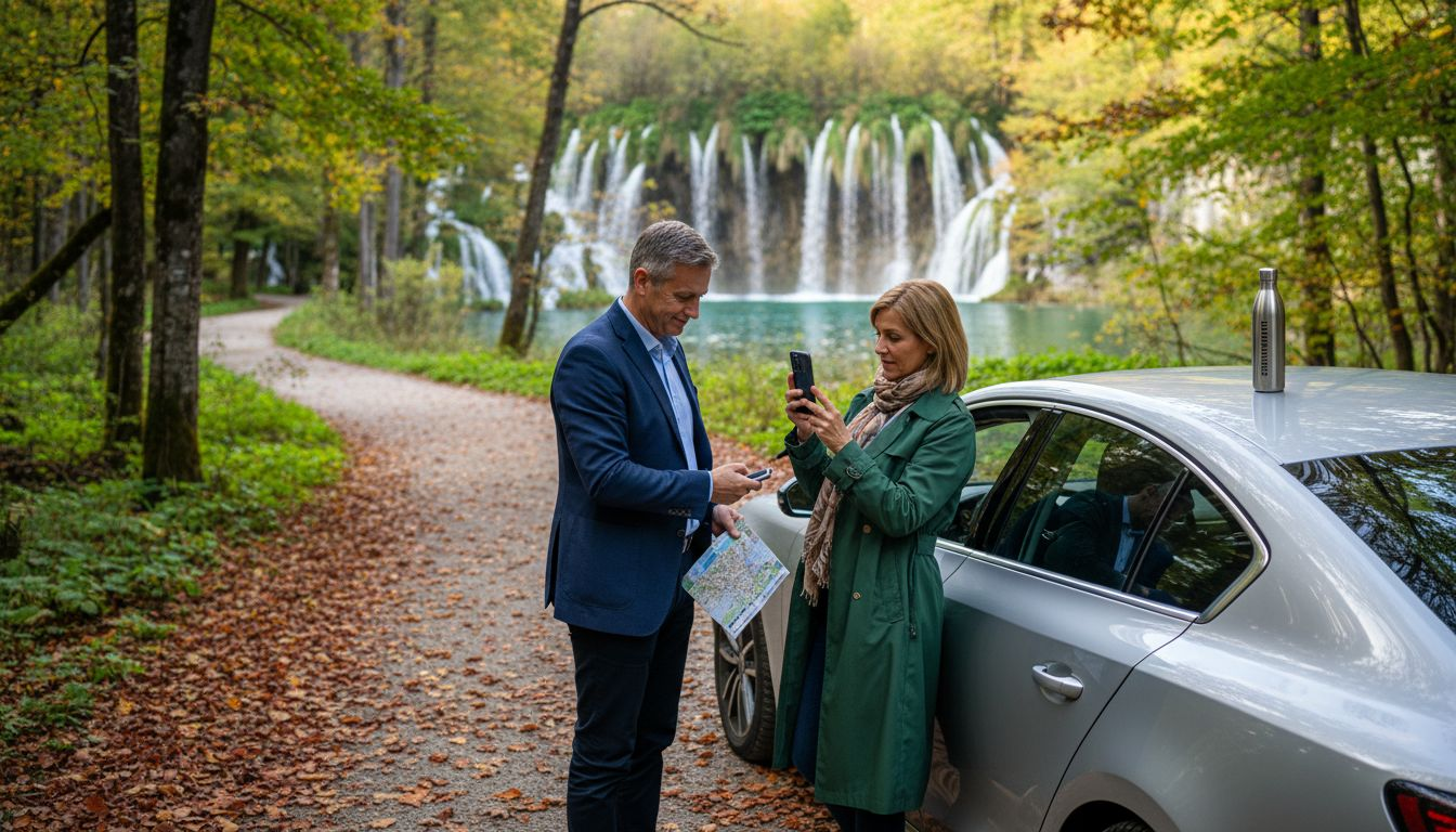 Couple arriving at Croatian national park in electric car