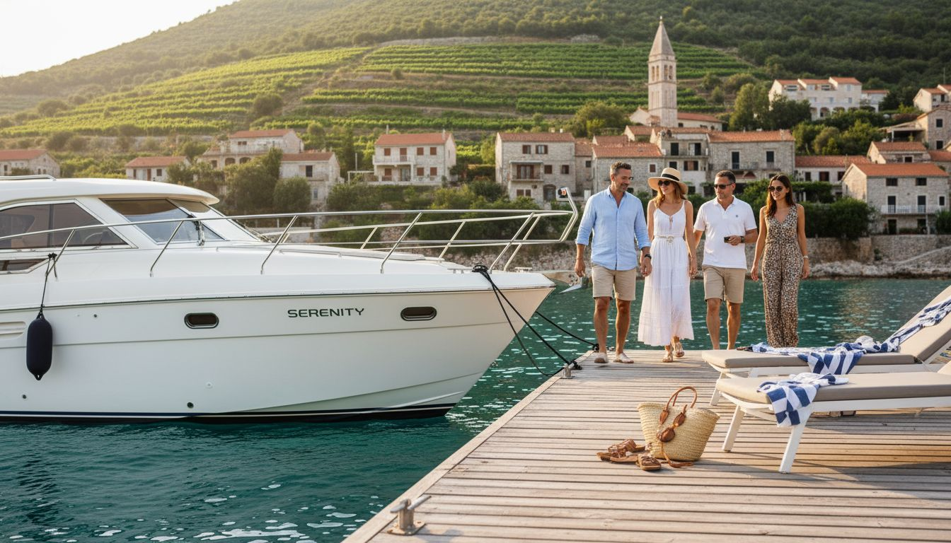 Travelers arriving by yacht at Croatian luxury pier