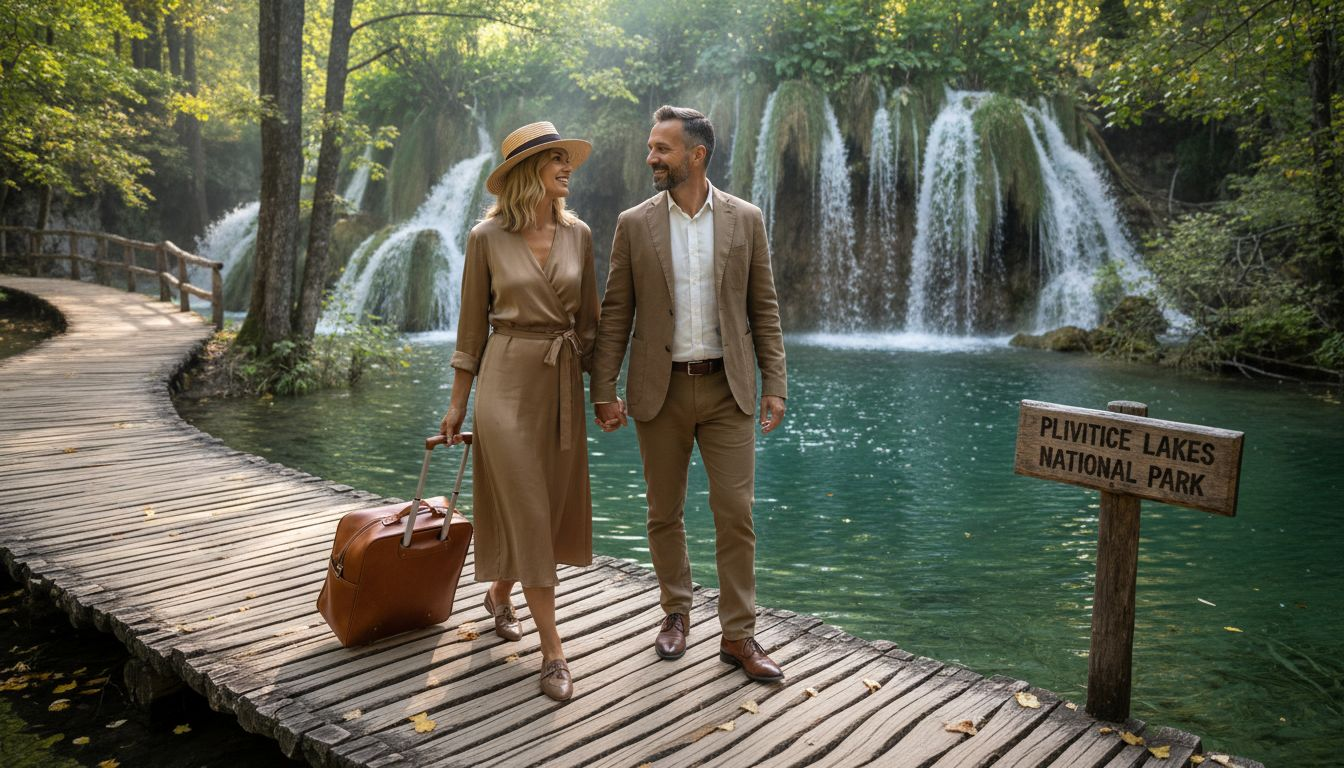 Luxury travelers admiring Plitvice scenic view