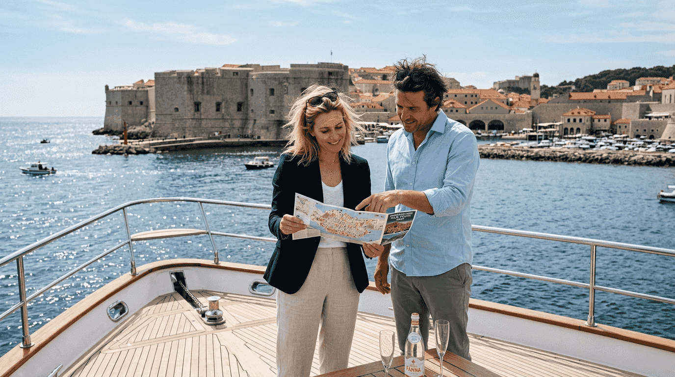 Couple on yacht off Dubrovnik city walls