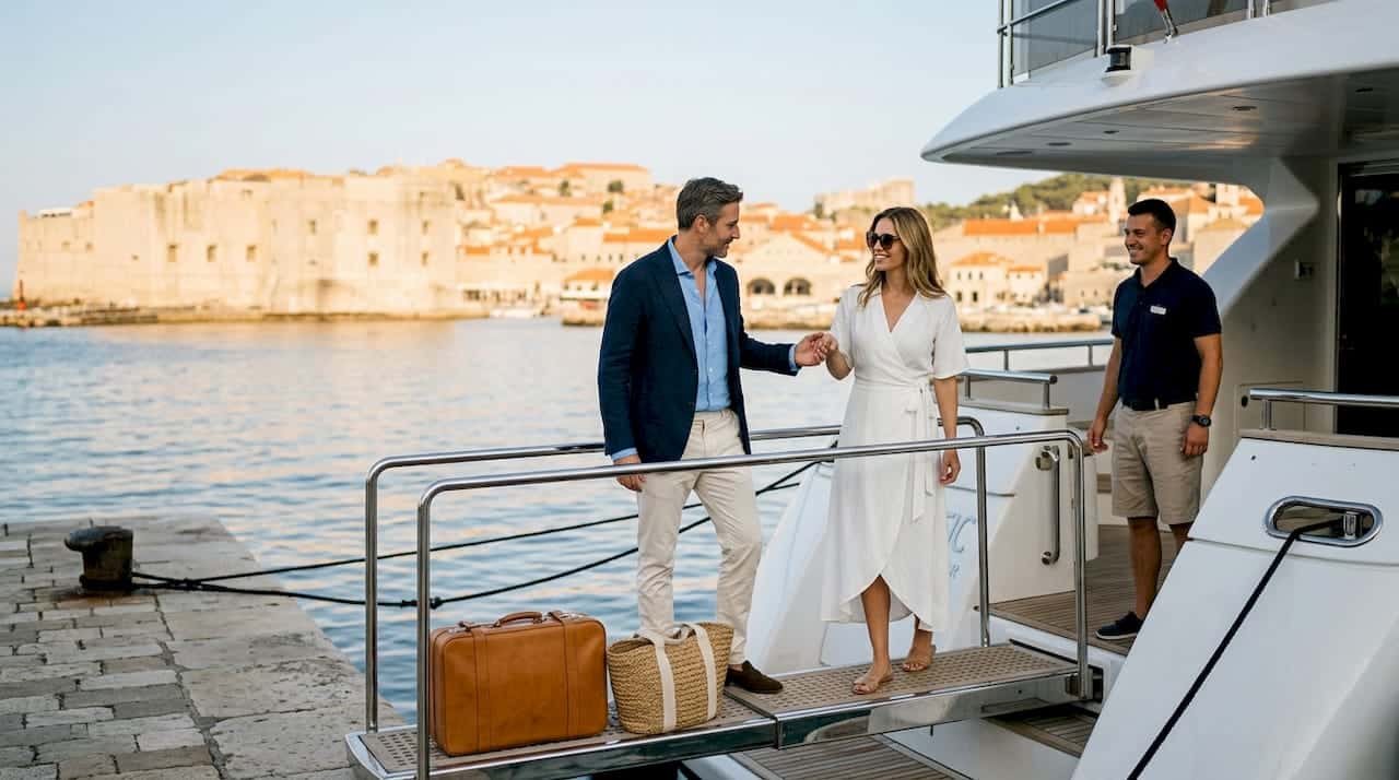 Couple boarding luxury yacht in Dubrovnik