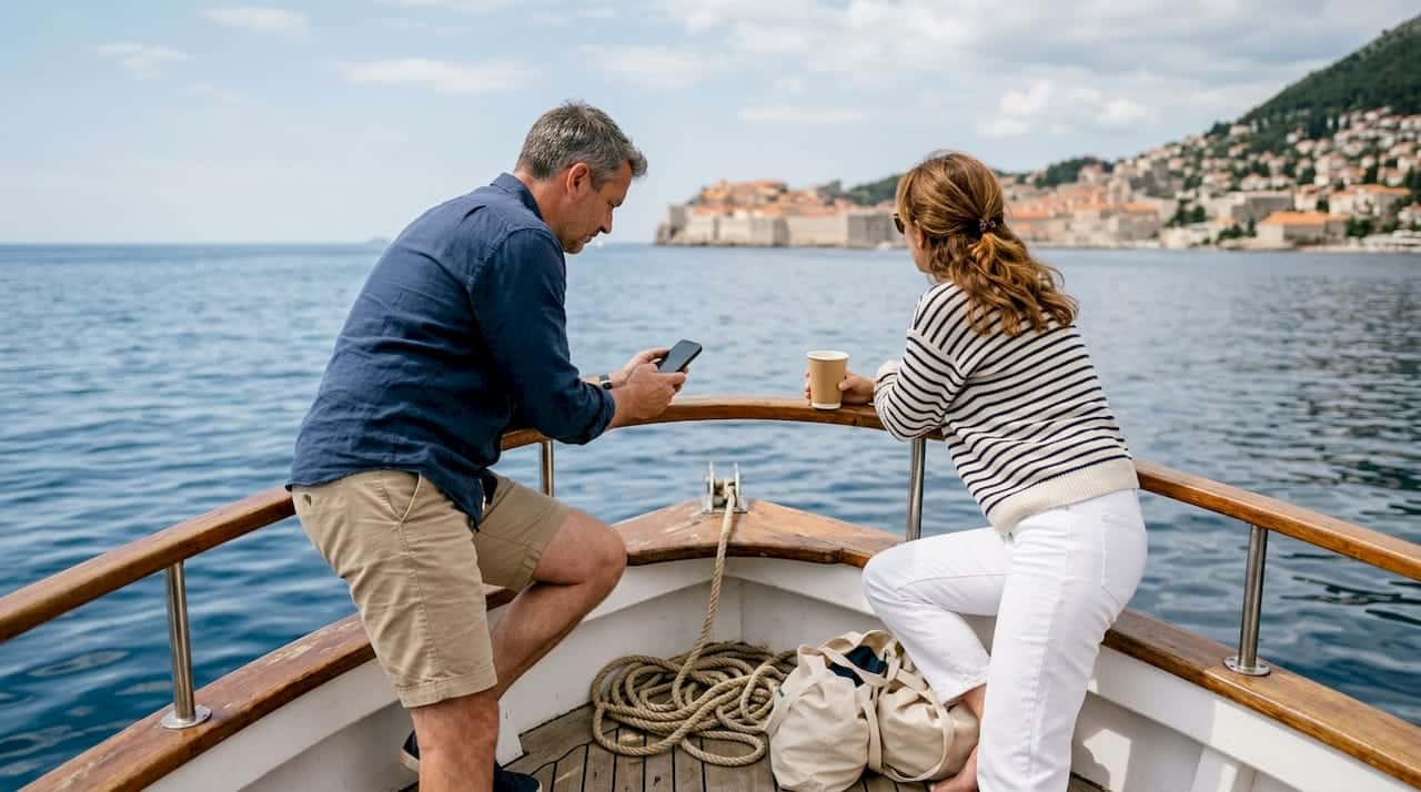 Couple enjoying private boat on Croatia coast