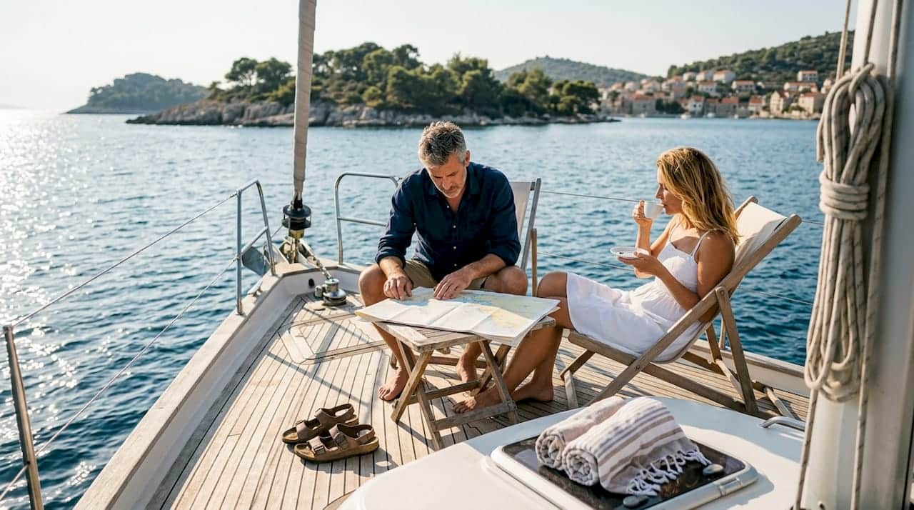 Travelers planning on yacht along Croatian coast
