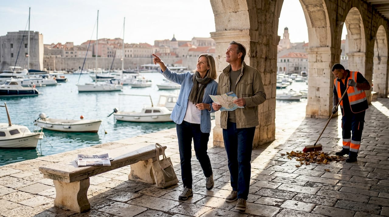 Luxury travelers at Dubrovnik waterfront promenade