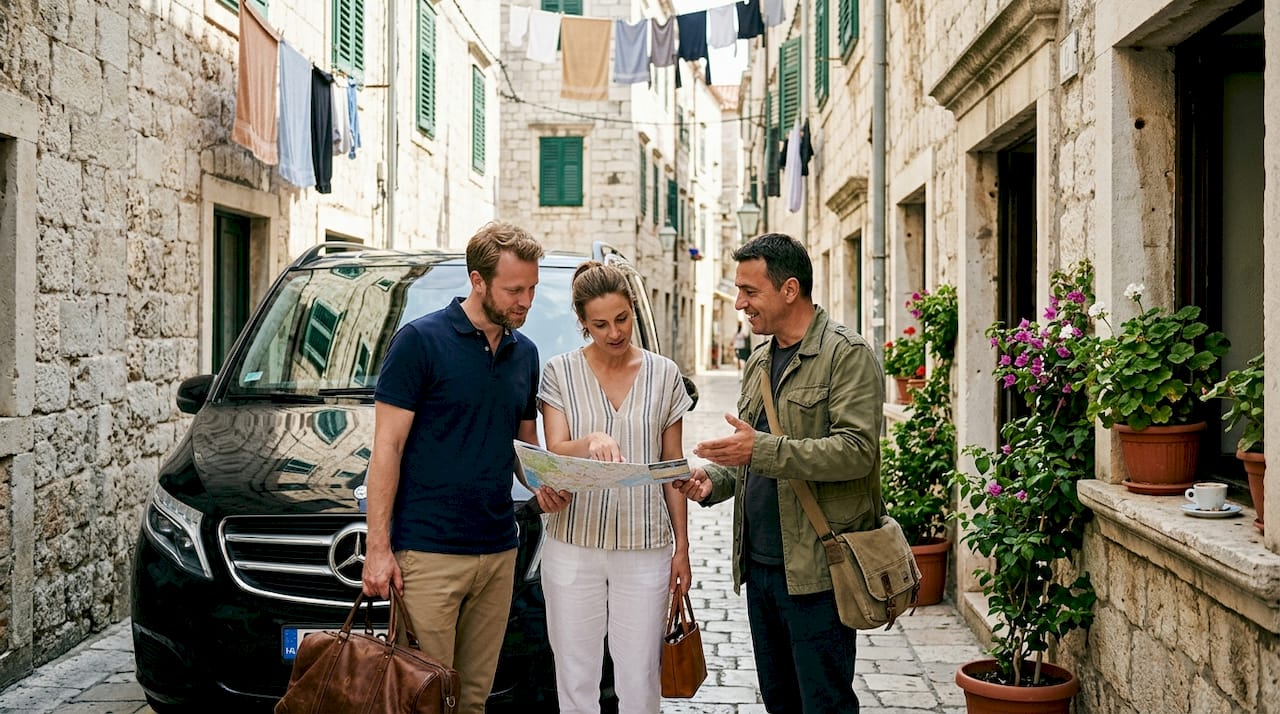 Travelers and guide planning in historic Split street