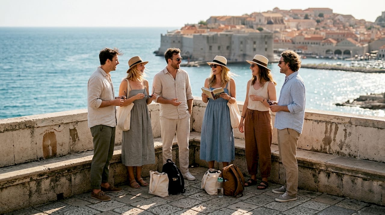 Travel group enjoying Adriatic terrace in Croatia