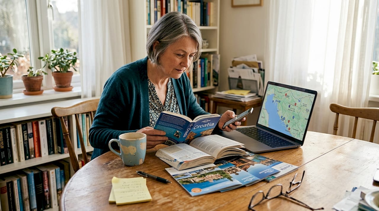 Woman planning Croatia sightseeing at home table