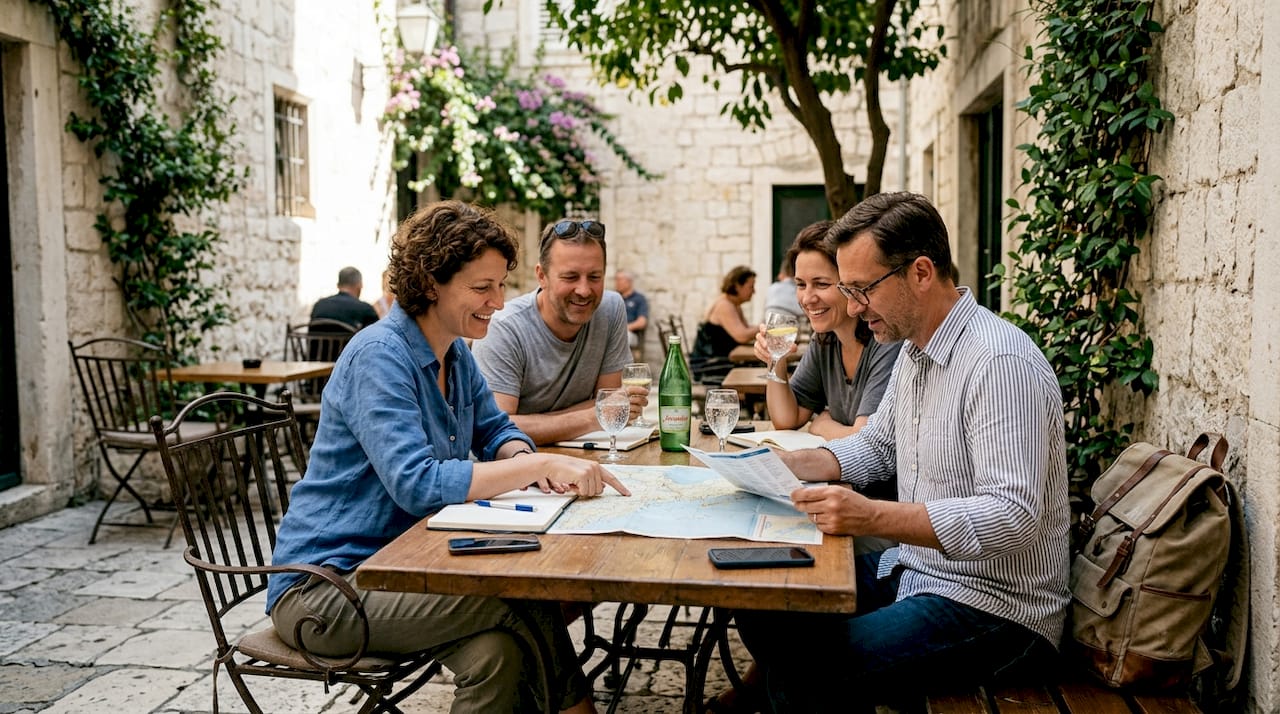 Small travel group planning in Croatian café