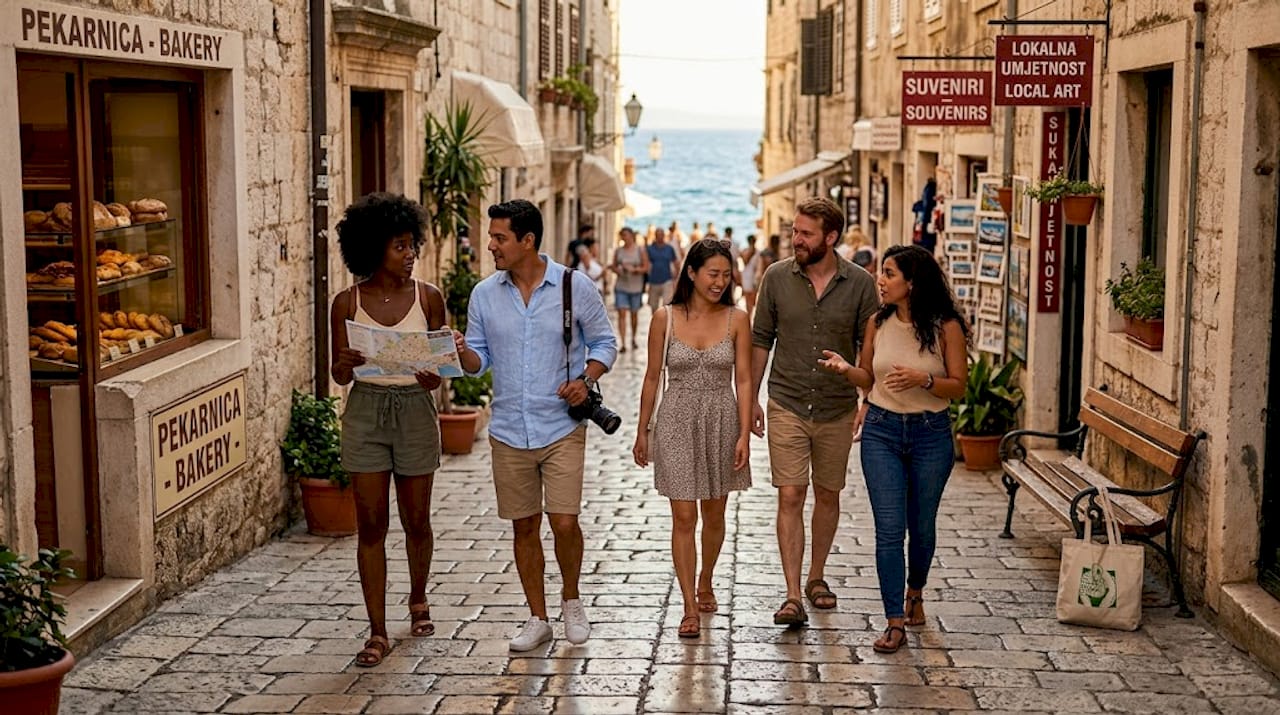 Friends walking by seaside street in Croatia