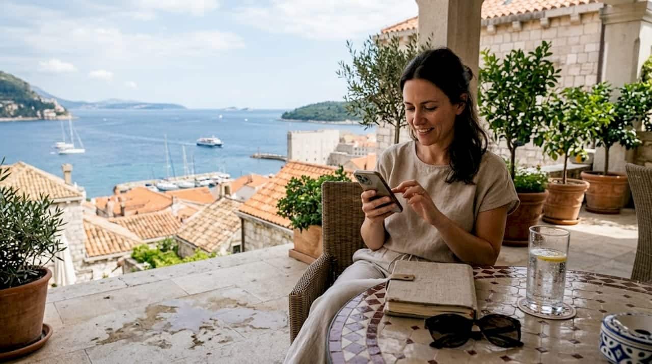 Woman relaxing at luxury hotel terrace in Dubrovnik