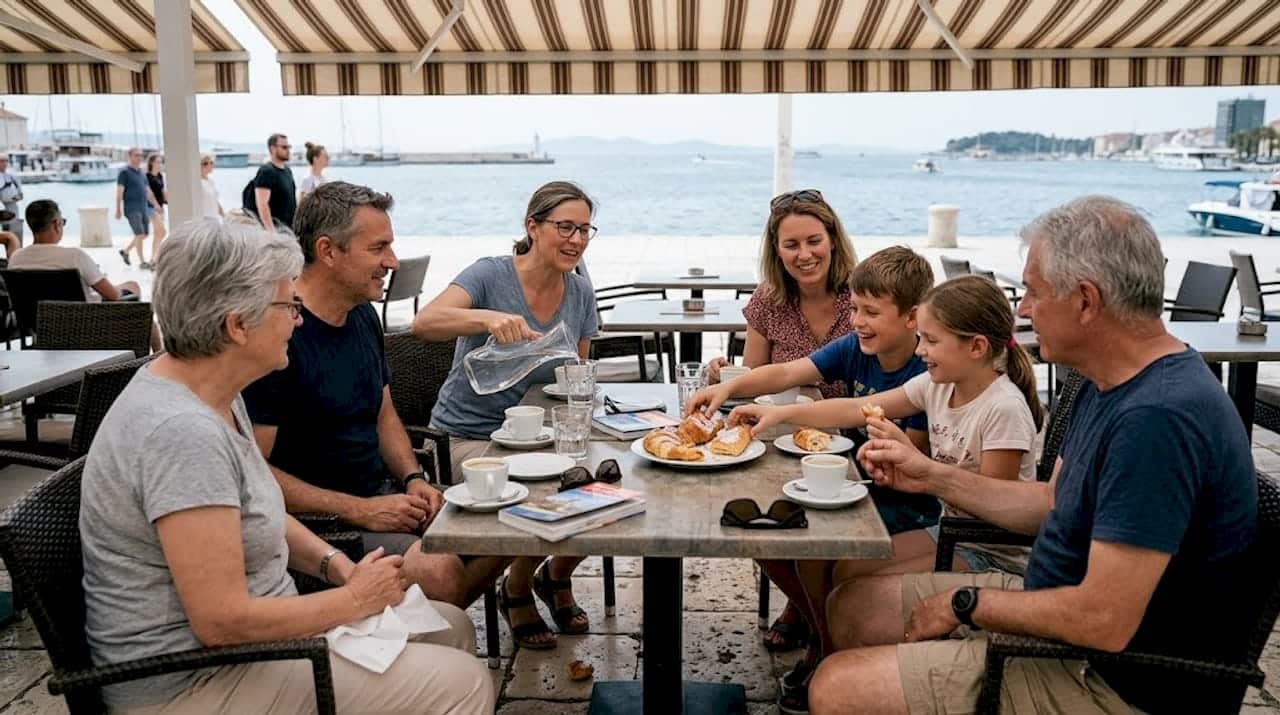 Family and friends at waterfront café in Croatia