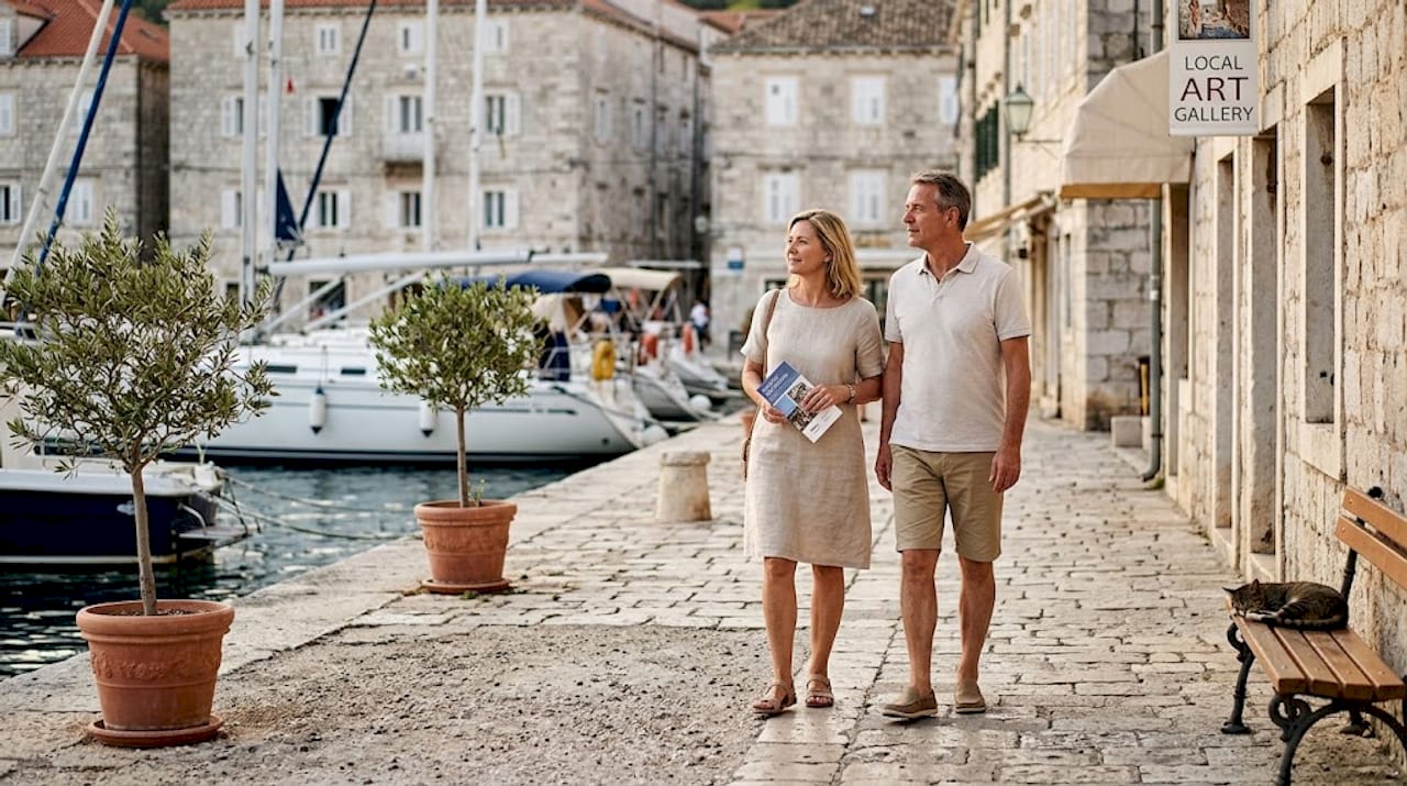 Couple strolling Korčula harbor historic promenade