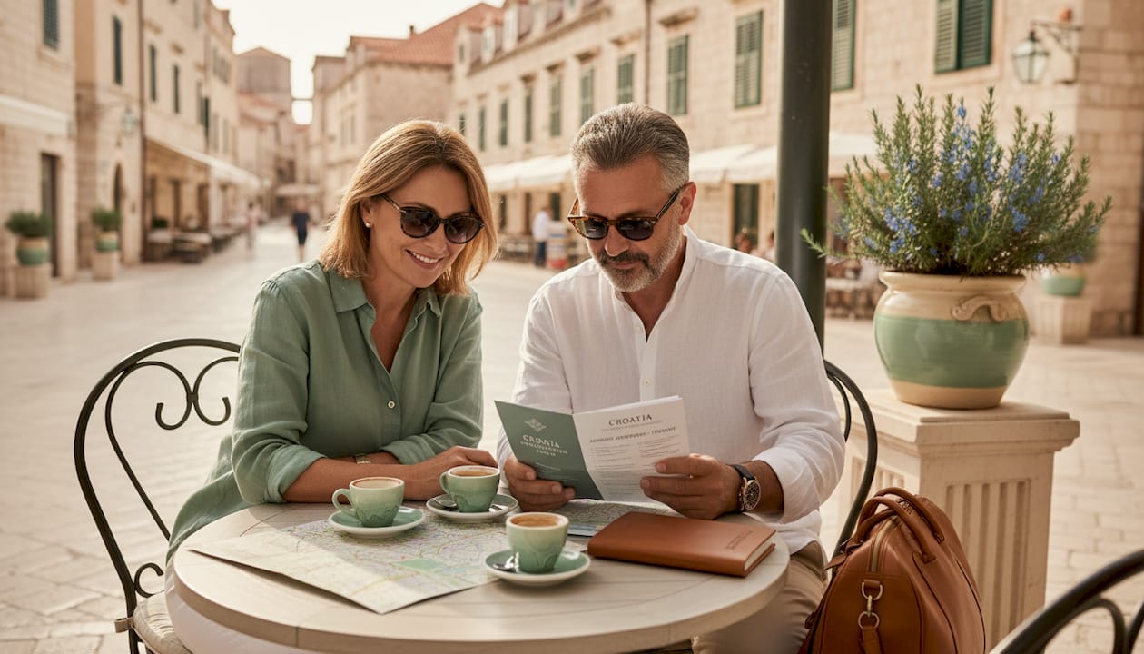 Couple planning luxury Croatia tour patio