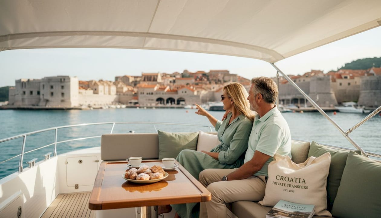 Relaxed couple on yacht in Croatian harbor