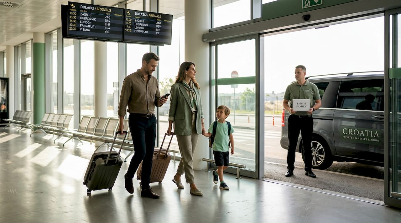 Family arriving at Croatia airport terminal for transfer