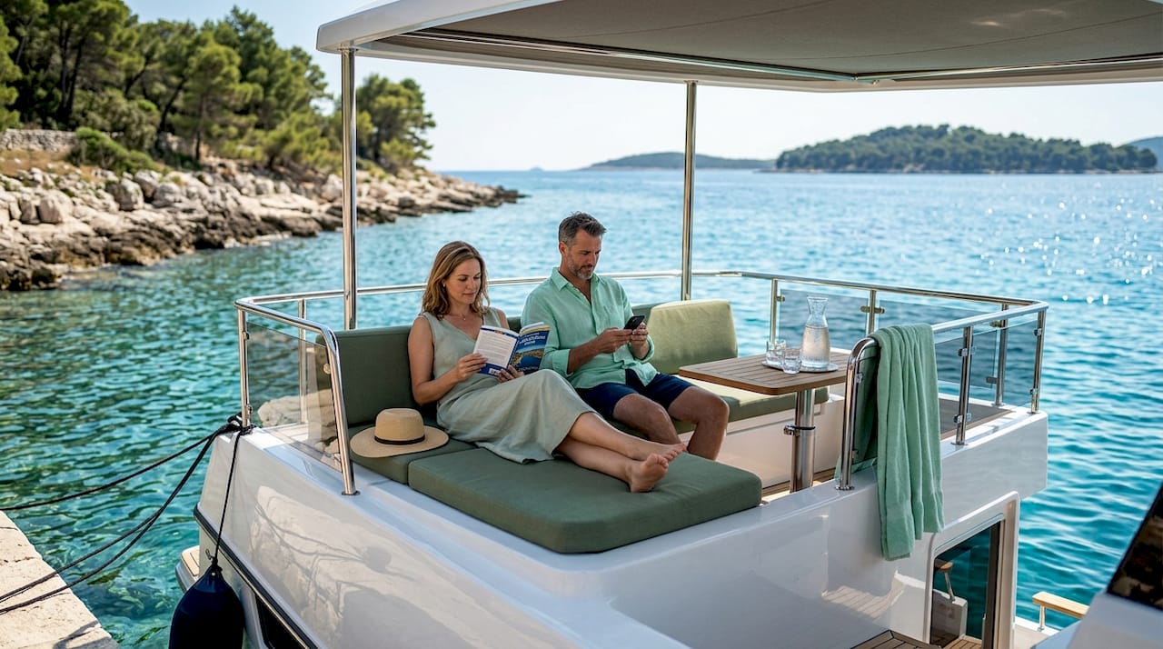 Couple enjoying relaxed moment aboard charter yacht