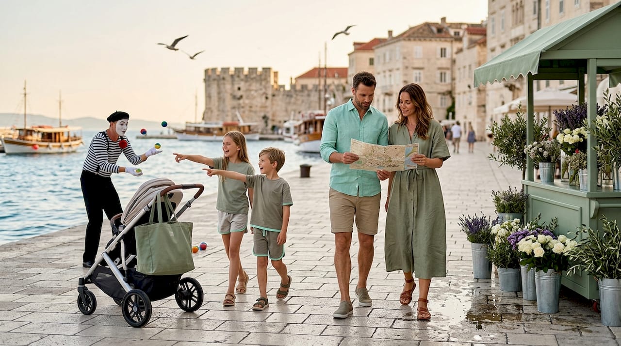 Family walking along Split waterfront promenade