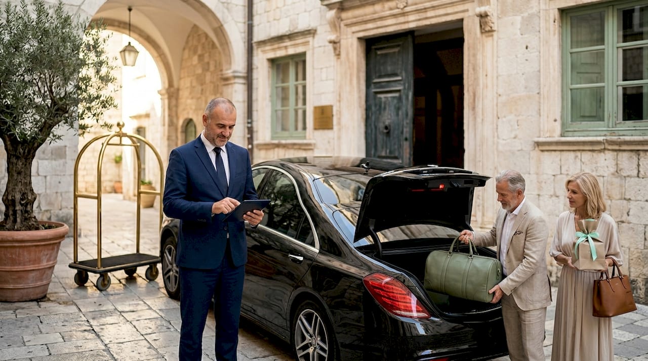 Luxury driver greeting travelers at Dubrovnik hotel