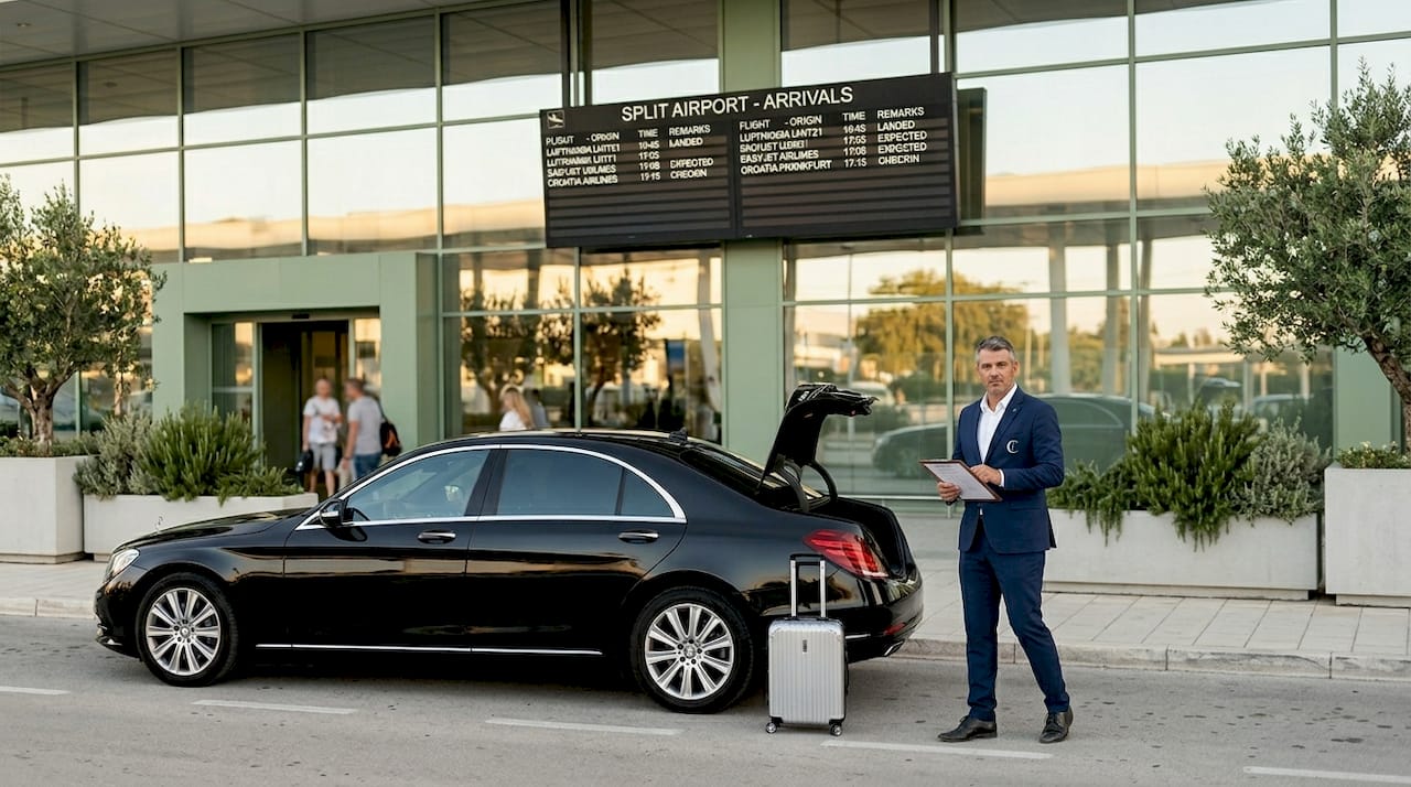 Chauffeur beside Mercedes at Split Airport