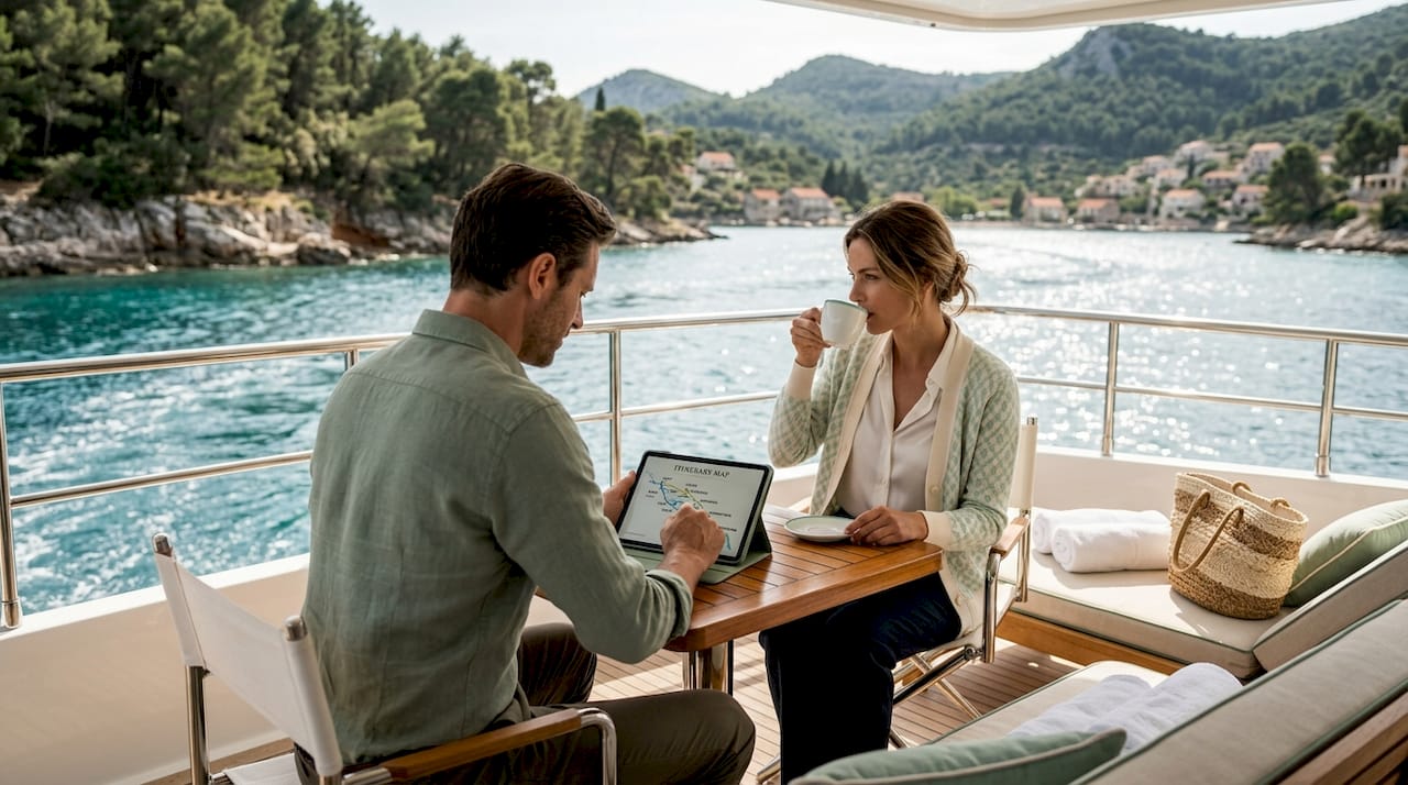 Couple planning on yacht near Croatian islands