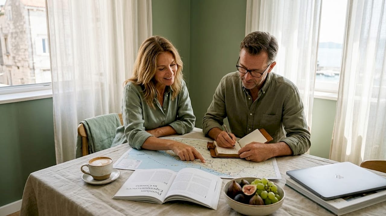 Couple planning luxury tour in Croatian apartment