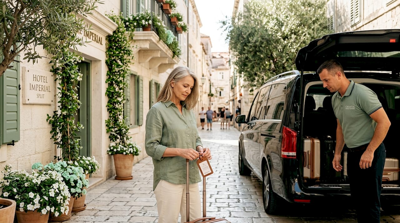 Luxury transfer driver assists guest at Croatian hotel