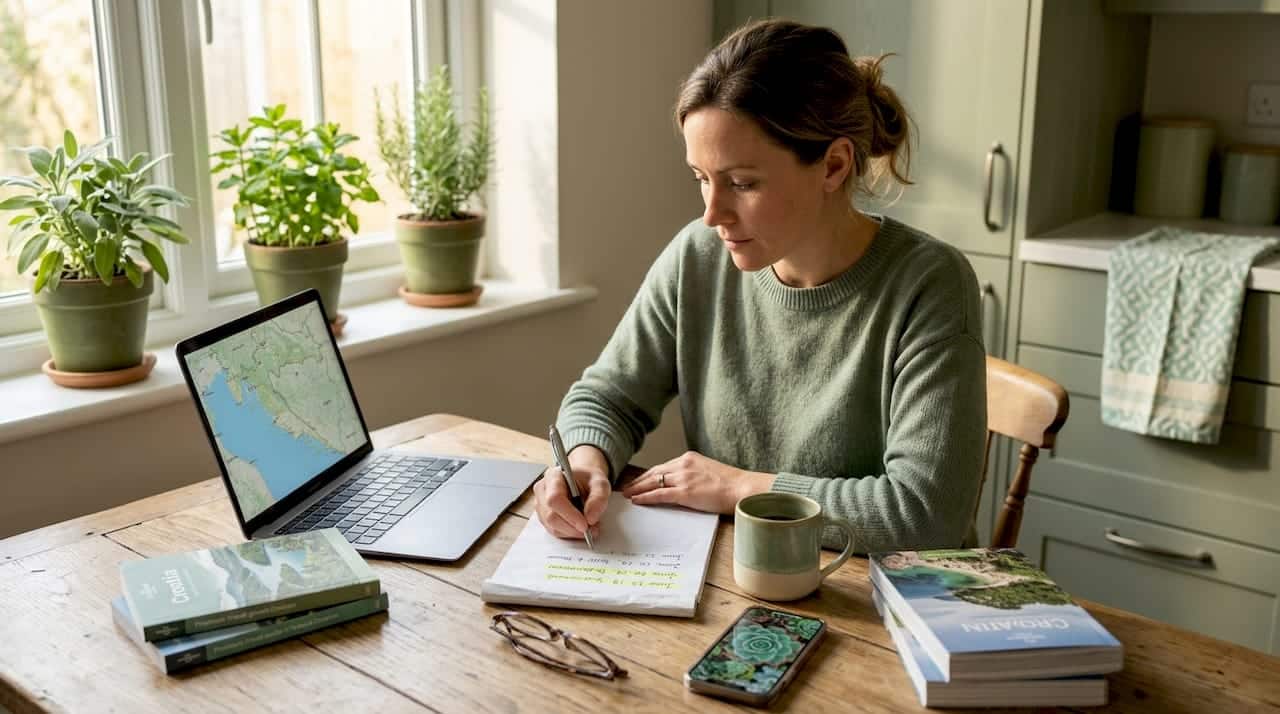 Woman planning Croatia trip at dining table
