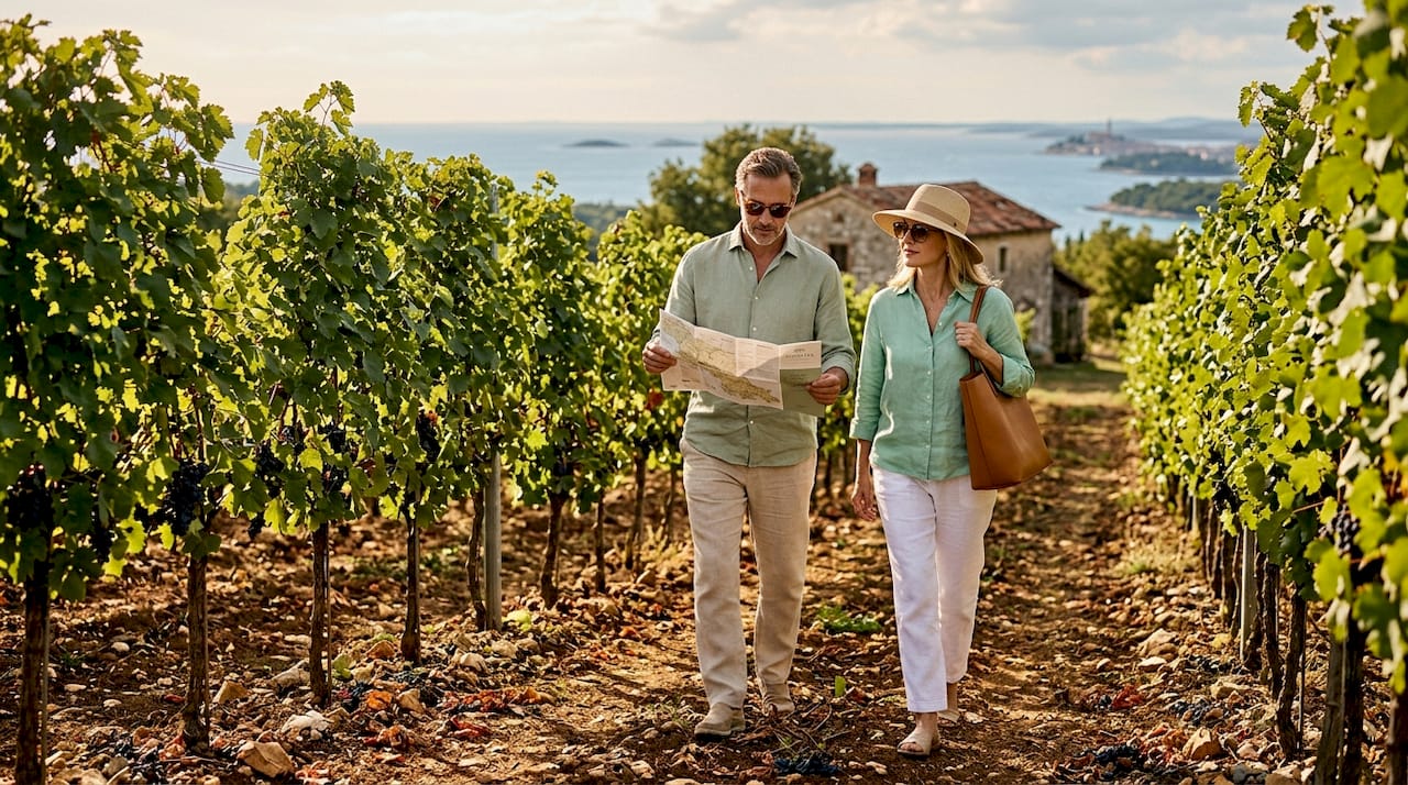 Luxury travelers walk between Croatia vineyard rows