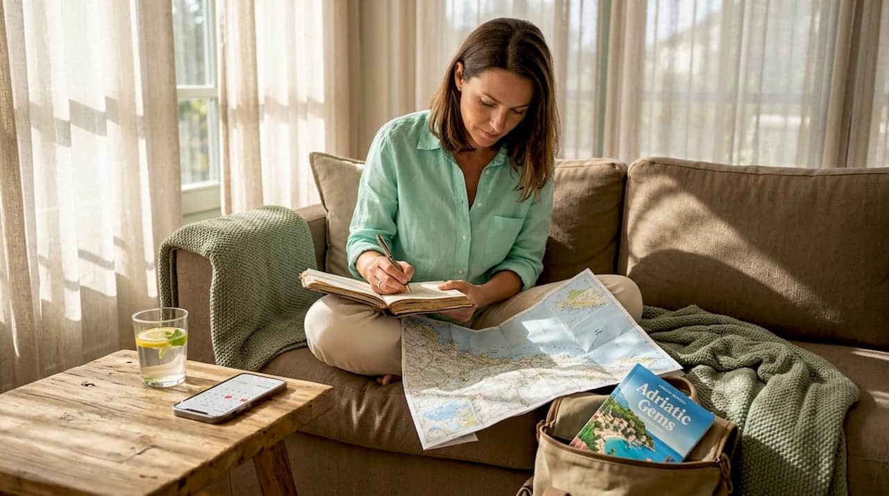 Traveler planning trip with map and journal