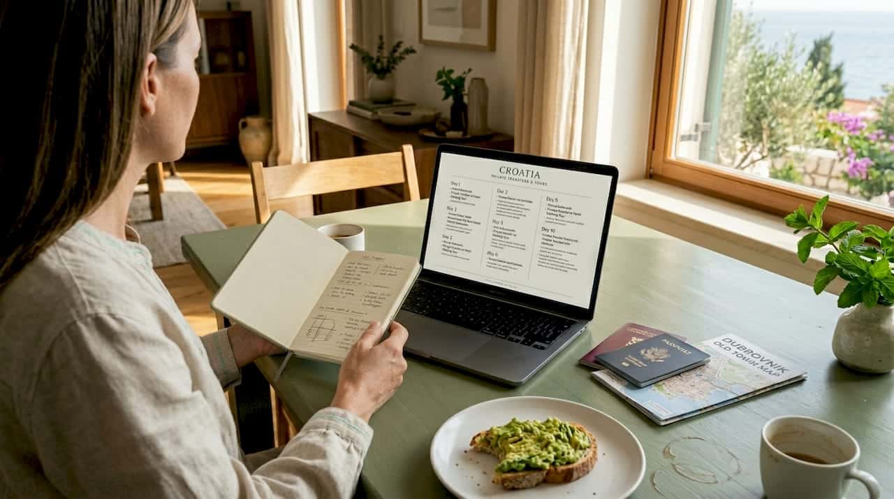 Woman planning travel at kitchen table