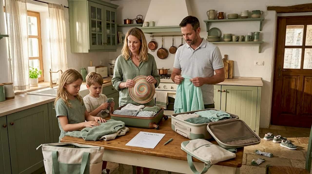 Family organizing travel suitcases in bright living room