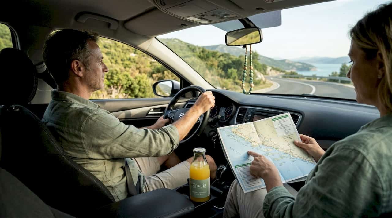 Couple driving Adriatic Highway seaside road