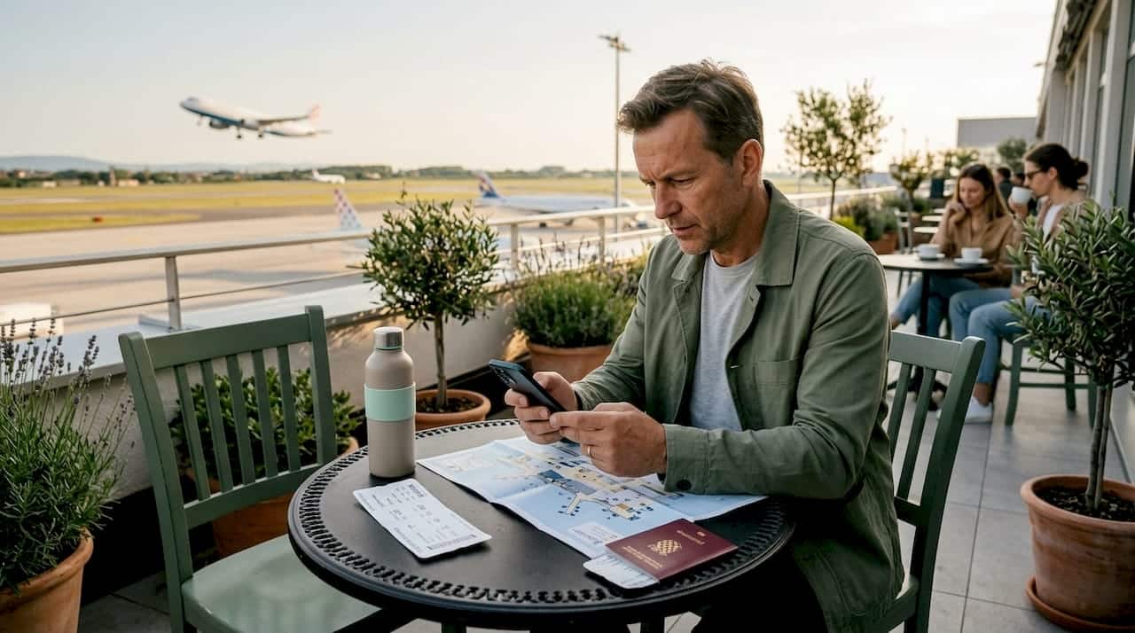 Traveler reviews airport transfer options at terminal
