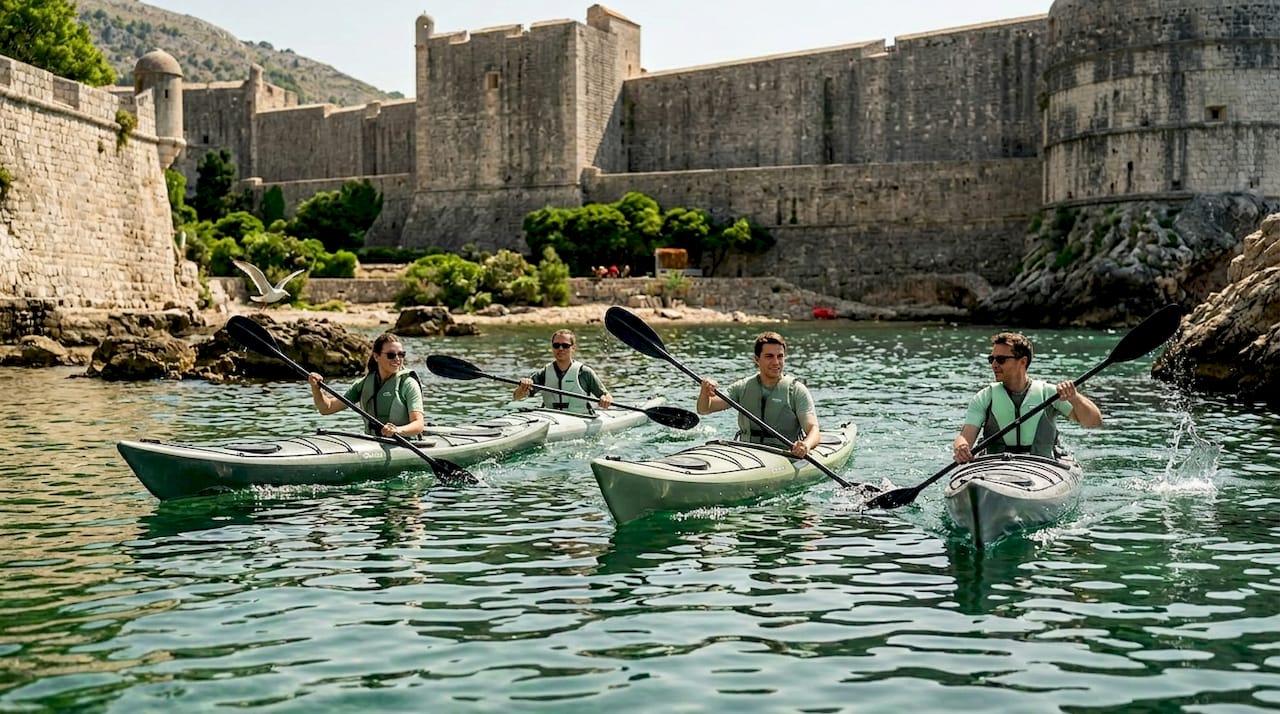 Group sea kayaking by Dubrovnik fortress