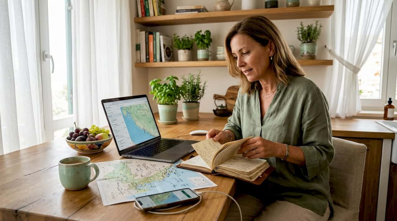 Woman planning travel at sunlit kitchen table