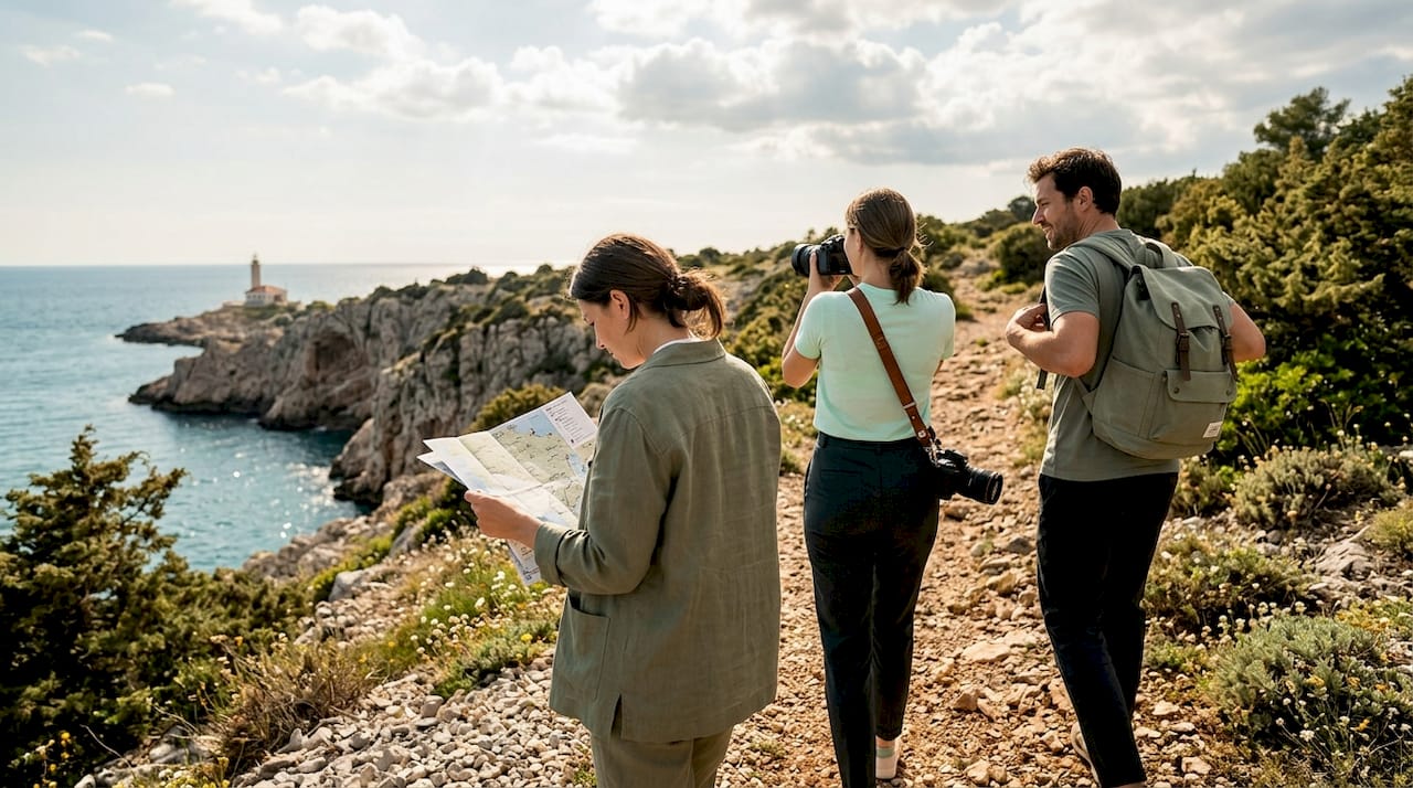 Travelers walking scenic coastal trail with cliffs