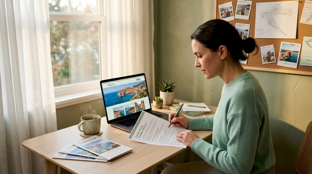 Traveler planning itinerary at home desk