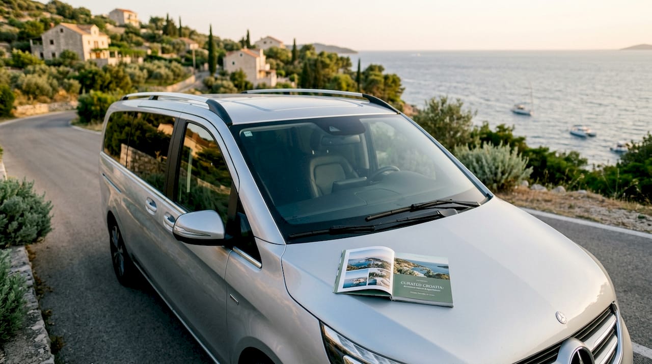 Luxury travel vehicle parked by Croatian coastal road