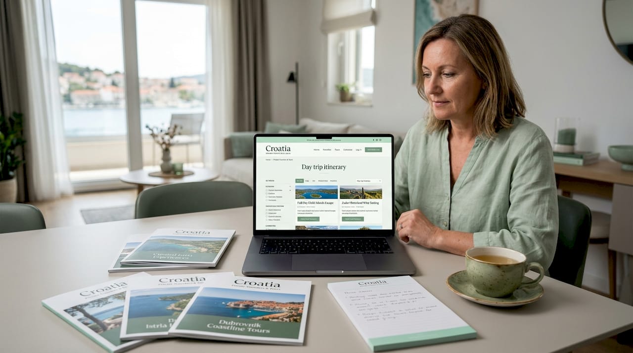 Woman planning personalized day trip on laptop