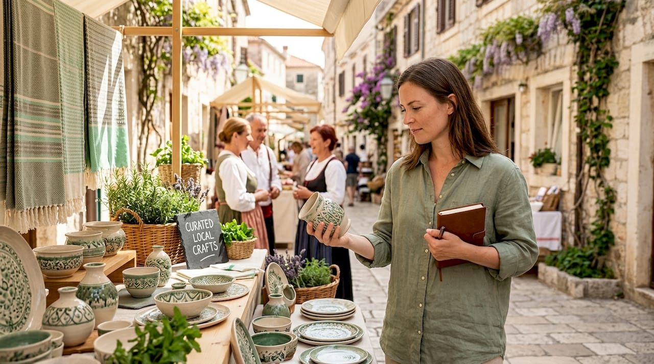 Traveler examining pottery at Mediterranean market
