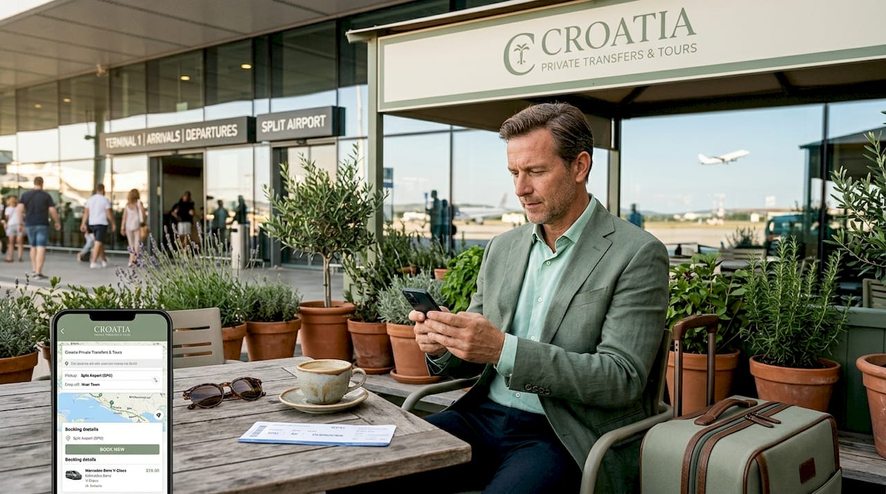Traveler booking airport transfer at airport café