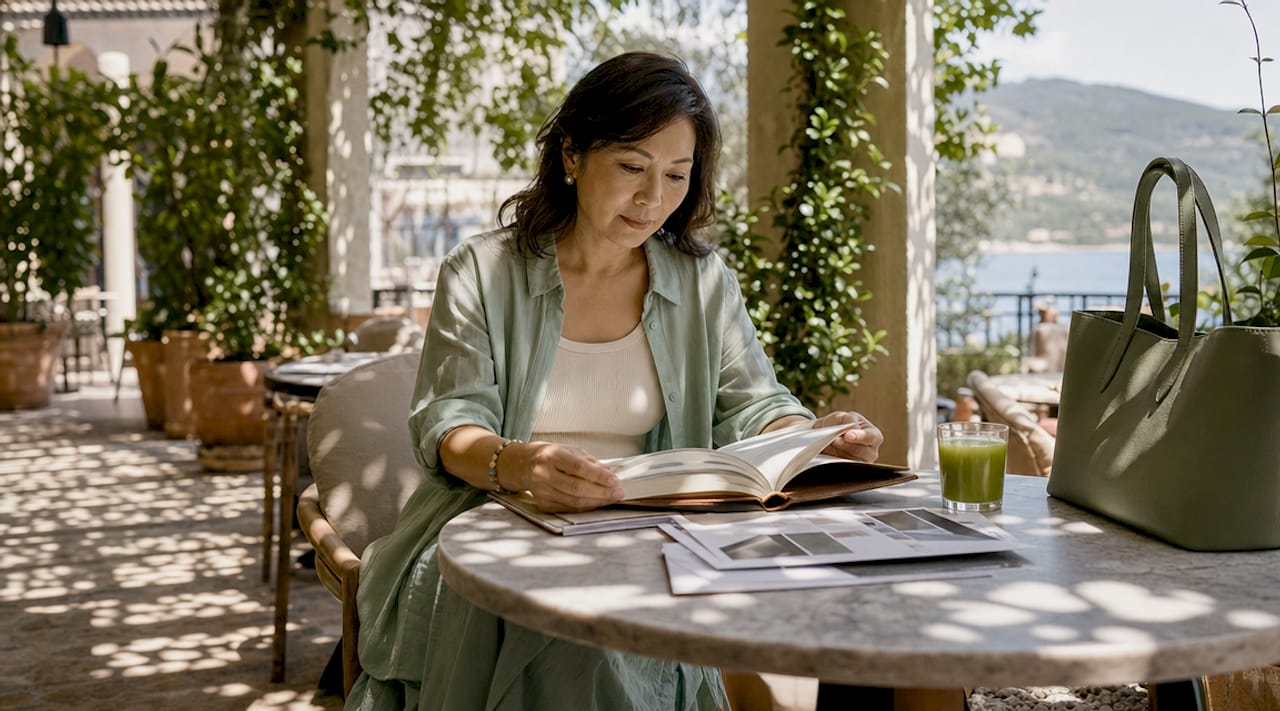 Woman reviewing luxury travel booking materials