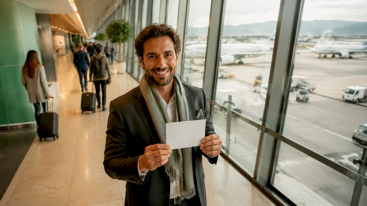 Airport concierge greeting traveler inside arrivals hall