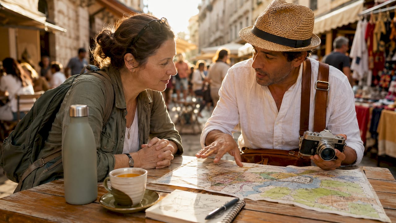 Traveler consulting with local tour guide outdoors