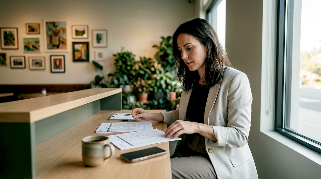 Woman reviewing luxury transfer bookings at office desk