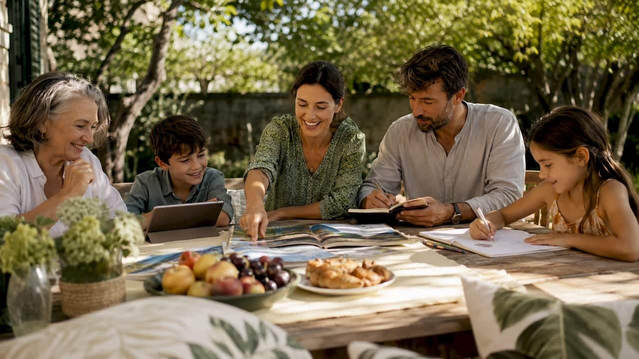 Family planning a trip around kitchen table