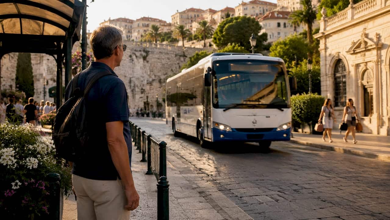 Passenger waiting at Croatian airport shuttle bus stop