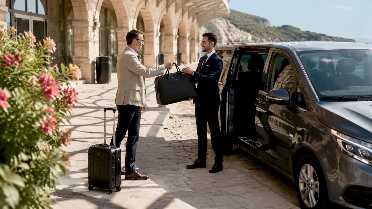 Traveler handing luggage to private transfer driver